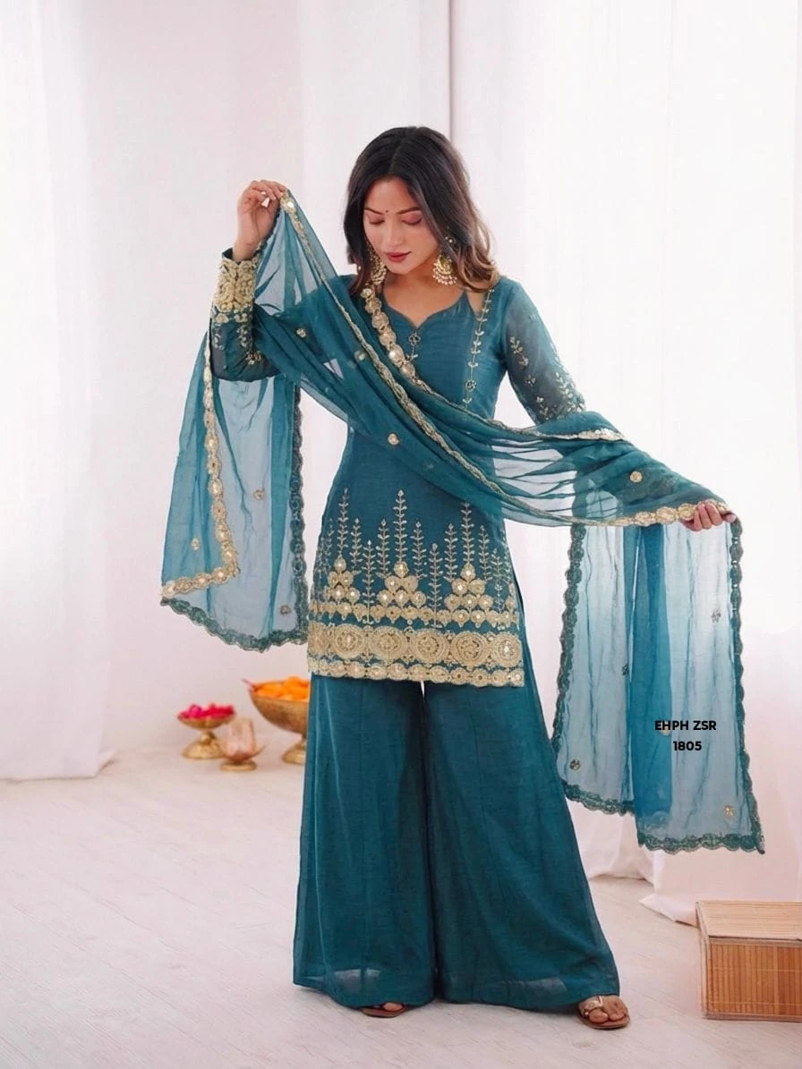 Rama Teal Monochromatic Sharara Set